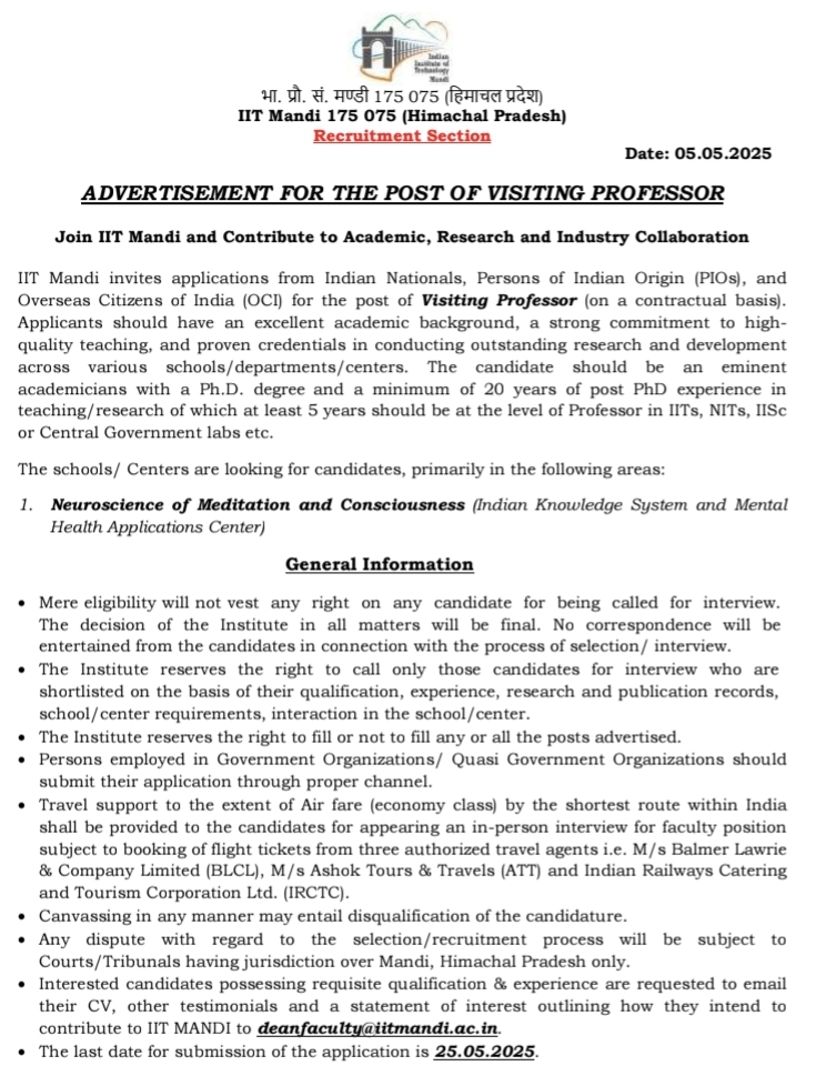 IIT Mandi Professor Recruitment 2025,