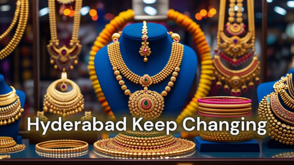 Gold jewelry display reflecting gold rate in Hyderabad at a local store,